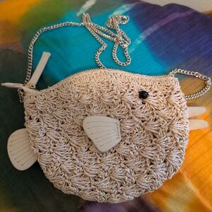 Woven Cream Fish Crossbody Bag with Chain Strap
